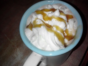 with caramel drizzled on top and whip cream with peppermints in side