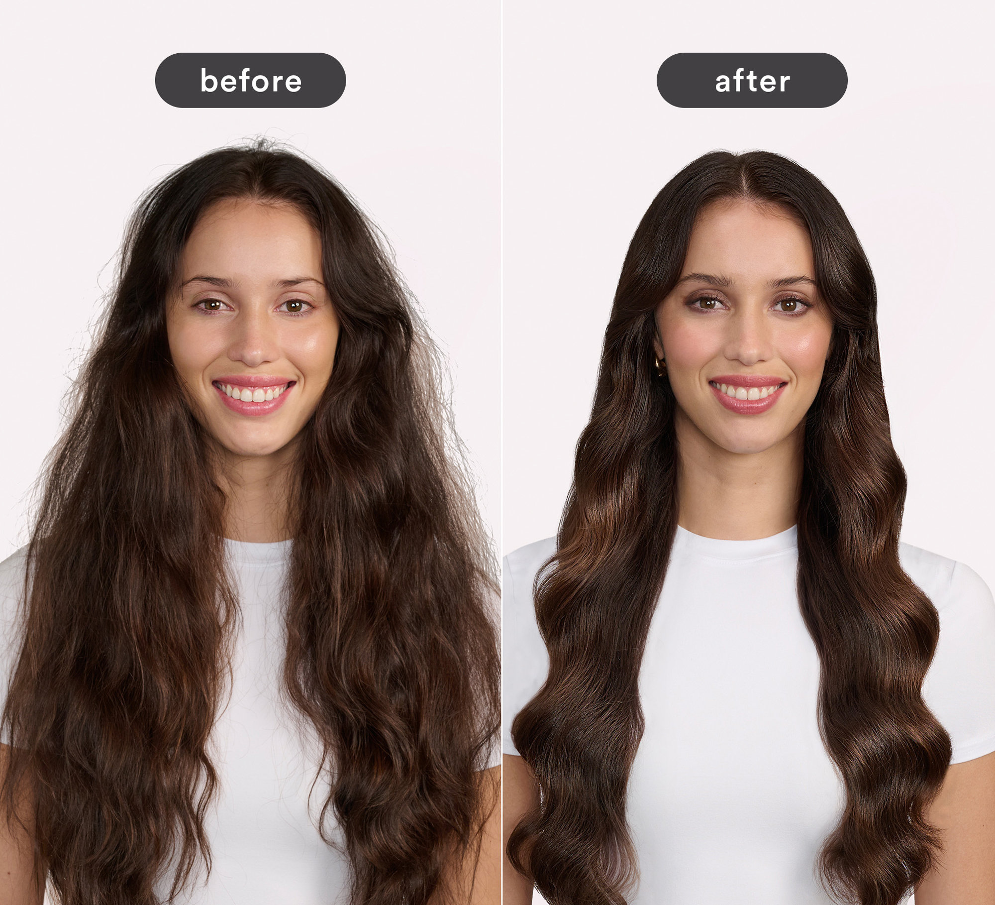 Model before and after using the Verb Frizz Defense Smoothing Spray