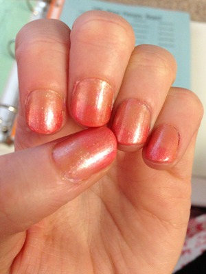 I painted the top half of my nail with a bright pink, let it dry, and painted the bottom half with a sheer peach and dragged in lightly over the bright pink. I went over it all with a golden sheer glitter.