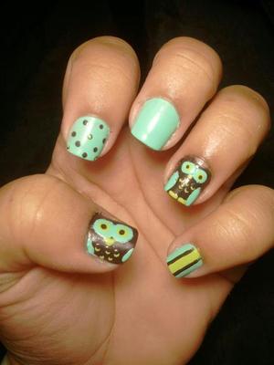 Owl, Bettina (Green Apple), Dare To Wear Nail Lacquer, Mint (Moon River), Brown (Fabulous Boot Camp), Dots, Stripes