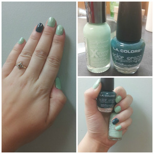 Simple nail color idea. Mint is a really great color this spring, so for this look I used Sally Hansens Xtreme Wear 'Mint Sorbert' and L.A. Colors Color Craze in 'Jungle Fever'. The jungle fever is a deeper green accent on my ring finger and both polishes dry quickly and with a good quality top coat last for a while too.