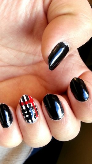 #Burberry #almondnails #black #beige #white #red #stripes 