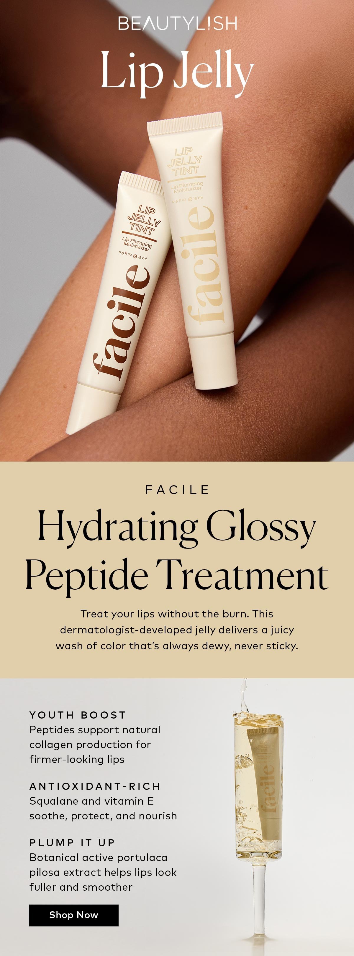 This dermatologist-developed jelly delivers a juicy wash of color that’s always dewy, never sticky. Shop the Facile Lip Jelly Hydrating Glossy Peptide Treatment at Beautylish.com