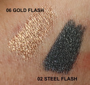 Revlon High Dimension Eyeliner in 06 Gold Flash and 02 Steel Flash
Review:
http://nomnomcakee.blogspot.com/2011/11/review-swatches-revlon-high-dimension.html
