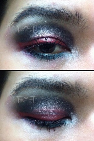 Black and shimmering pale pink eye shadow with red lipstick