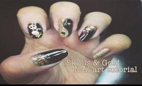 ‪☯ Gold Skull & Ying Yang Nail Art Tutorial ‪☠‬