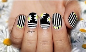 Monochrome and Neon Stripes and Daisies Nail Art
