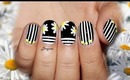 Monochrome and Neon Stripes and Daisies Nail Art