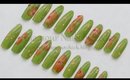 GNbL- Green Background  and Orange Flowers Nail Art