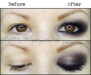 A picture comparing my eyes before and after I did my Amethyst EOTD. Step-by-step on how to achieve the purple smokey eye is here: http://prettymaking.blogspot.com/2012/06/eotd-amethyst.html