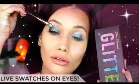 TOO FACED Glitter Bomb Palette Live Swatches | Trying Each Shade on Eyes