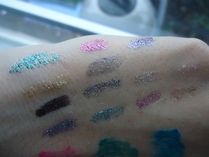 from top: glitzy, glam, dazzle, dream girl, night sky, onyx, gun metal, silver, hip, pewter, aqua, pink, silk