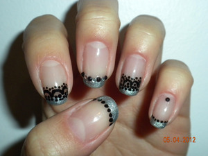 Gunmetal metallic French tips with Freehand black lace detailing