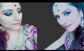 Vibrant Purple and Green Peacock Desi Makeup look #Desistyle