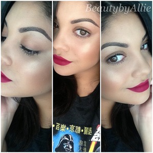 Instagram: Beautybyallie
I have no eye makeup on!!!! FACE: MAC Studio sculpt foundation, highlight with prep + prime in light boost, Contour  with skinfinsh natural  in medium dark, my blush is sunbasque, bronzer by victoria secret, and highlight is my HARD CANDY bronzer in tiki. Amazing and affordable highlighter. 
LIPS: I ssed riri loves Mac lipstick in heaux lined with beet lip liner by mac 