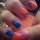 Blue and Peach Nails with Blue and Peach Polka Dots
