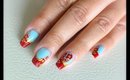Mint Nails with Red Flower Design