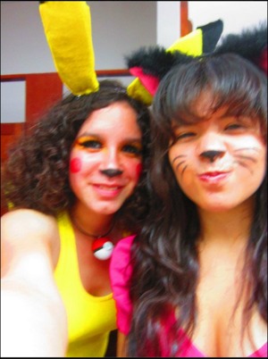me with my pikachu cosplay and make up 
and my friend with here kitty cosplay and whiskers