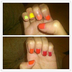 I painted every nail in a sunset color (except for the neon, it is yellow but it dries like green) most of the colours are nail lacquer made in colombia, so the brand is not available.. but i used 2 shades of sally hansen and one of essie..