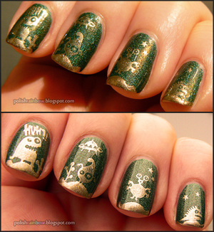 First pic is under light, second is in the shade. 

The background is A-England Dragon. The aliens are stamped from Cheeky image plates using China Glaze Passion.

For more here is the blog post: http://polishrainbow.blogspot.com/2012/11/dragons-and-aliens-with-england-and.html