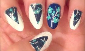 Blue Cherry Blossom Nails using Washi Tape