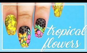 Tropical Flowers on Sheer Black nail art