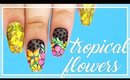 Tropical Flowers on Sheer Black nail art
