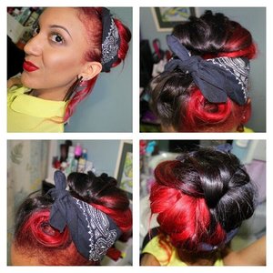 All you need are some bobby pins, a hair elastic, a bandana, and some hair spray.

Brief How-To:
- Section off part of the front of your hair, split into two parts, and roll into pin curls. Secure.
- Pull the rest of your hair back into a high ponytail. Take small sections of hair from the ponytail & roll each section into victory rolls & secure each of them down around the base of the ponytail. Once the entire ponytail has been rolled & secured, fan out the victory rolls until it looks like one, big fluffy bun.
- Hair spray into place.
- Add bandana/head scarf.

You can also choose to curl little wisps of hair by your ears like I have.
