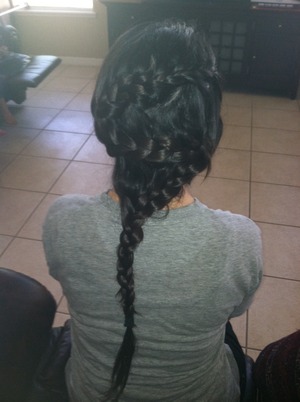 Just French braid left then right then finish with a normal three strand braid..((: