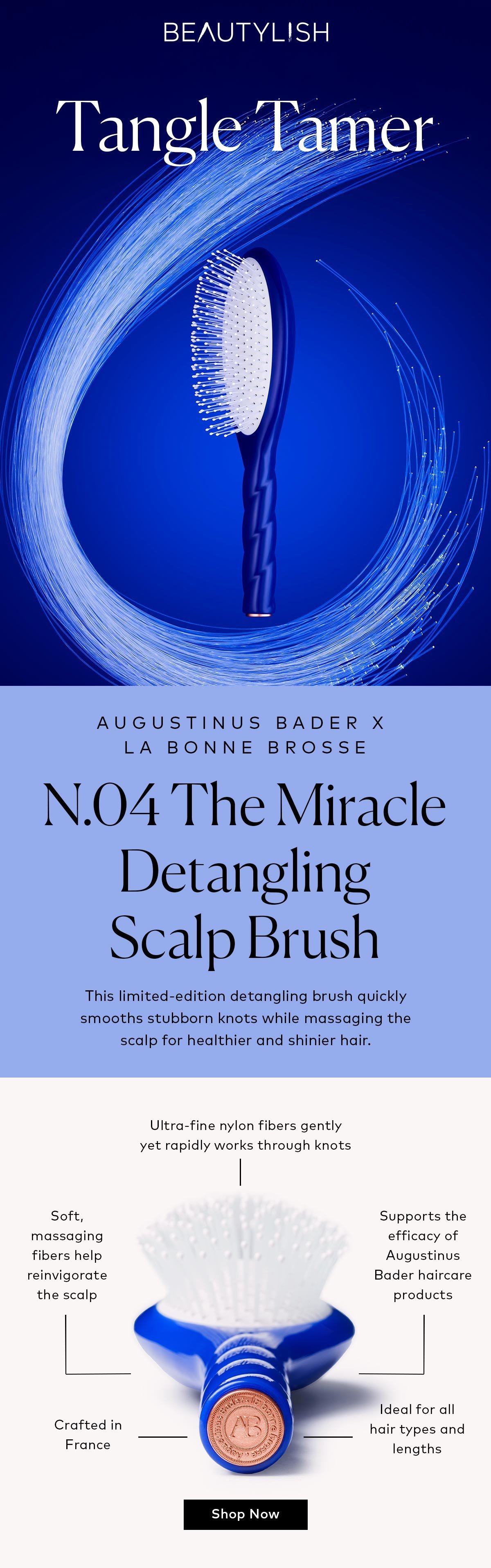 Quickly smooth stubborn knots while massaging the scalp for healthier and shinier hair. Shop the limited edition Augustinus Bader x La Bonne Brosse N.04 The Miracle Detangling Scalp Brush at Beautylish.com
