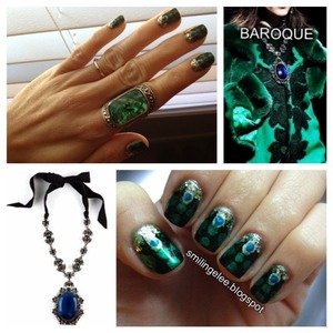 the  2nd of a 5 part series inspired by baroque trends seen in this years NYFW. This ones based on a LANVIN emerald green dress with large sapphire necklace. Full Tutorial @ 
http://smilingelee.blogspot.com/2012/09/baroque-manicure-option-2.html
