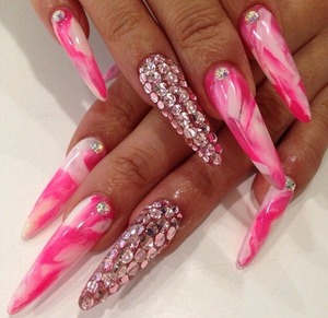 Marble effect nails with pink bling 