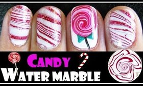 WATER MARBLE TUTORIAL CHRISTMAS CANDY CANE LOLLIPOP NAIL ART DESIGN FOR SHORT NAILS HOW TO VIDEO