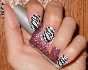Zebra nail sticker with pink glitter
