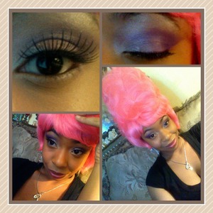 bubble gum pink wig, lashes, purple pink and sliver eye shadows, and a nude lip