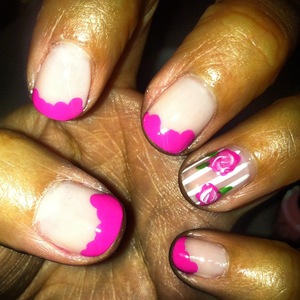 pink fluffy tips with stripes and roses