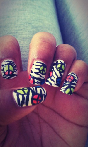I love Zebra Print nails and Peace signs so i put them together lol (: