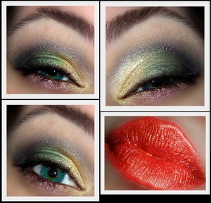 ~.Eyes.~
Urban Decay Primer Potion,
Mirabella Colour Crayons in 'Yellow Submarine' and 'Limelight Green',
Mirabella 'Jewelry Box Collection' eyeshadow quad,
Lorac Pro Palette, 'Cream', 'Espresso'
L'Oreal Extra Volume Collagen Mascara,
E.L.F Gold Glitter Eyeliner Pencil,

~.Lips.~
NYX Lipstick in 'LSS507 Tangerine'