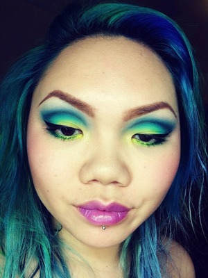 Teal, turquoise, lime green and yellow. 