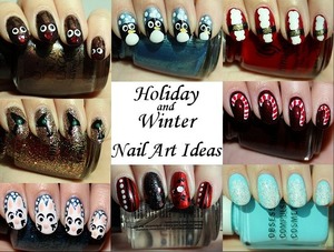 See my tutorials for the designs & more photos of each manicure here: http://www.swatchandlearn.com/holiday-winter-nail-art-ideas