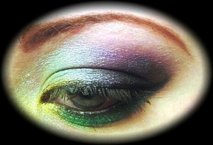 I started from inner corner of eye working to outer corner.

I used war paint beauty shadows, blackheart pencil liner, maybelline eye precision liquid liner, beauty rush gold liner, and hard candy tattoo mascara.

Colors used were (from inner to outer):
Beauty rush gold, war paint yellow, war paint lime green, war paint emerald green, war paint turqouise, war paint light blue, war paint purple, war paint dark purple, war paint black.

