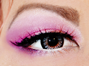 I used different shades of pink on the lid, added a little purple in the crease and lower lid. finished it with liquid black eyeliner and false lashes. Contacts are from honeycolor.com