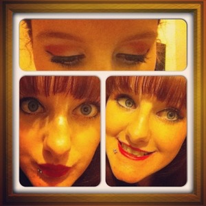 Using read lip liner, lip stick, pink eye shadow, white eye shadow, mascara and blusher :) 