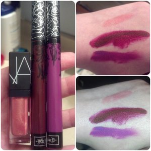 Top swatch- Nars lipgloss in Orgasm
Middle swatch- Kat Von D liquid lipstick in Vampira(my favorite!)
Bottom swatch- Kat Von D liquid lipstick in L.U.V. 

I played with the swatches, sorry! Lol But it really shows the depth of color especially Vampira! I showed these swatches to my mom, "Eww, that one looks like blood!" Well, named Kat! ;) I haven't tried them all on for an extended time yet, so I can't really say how good the longevity is. I used up most of my points from Sephora, and the Nars lipgloss was one of the rewards. I have never bought anything from Nars, so I thought I'd give this a try. Would I buy the full-size $26 version? Nope. It's a nice product, but I don't think I'd be able to justify spending that much on 1 lipgloss. I could get 4 Hard Candy lip glosses with that amout of money, and still be content! :)  