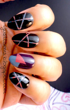 Nail look inspired by Nailside's tutorials http://justtisems.blogspot.com/2012/10/nails-tape-it-up.html