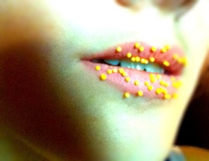 Used a light pink lip color and some yellow sprinkles :) an easy but sweet lip look (not recommended for wear at school or long time wear, as you will be temped to eat the sprinkles ;)