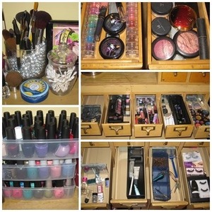 Some of my makeup and nail polish collection in the card catalog cabinet.