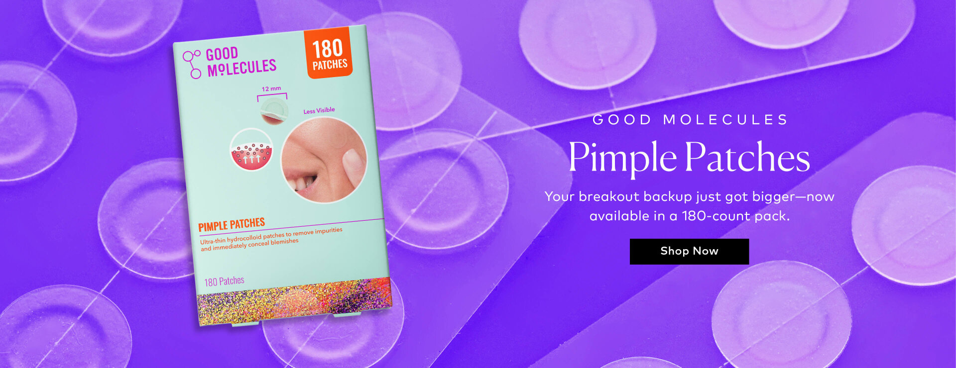 Your breakout backup just got bigger. The bestselling Pimple Patches are now available in a 180-count pack, so you can keep more on hand for whenever blemishes show up. Shop the Good Molecules Pimple Patches at Beautylish.com