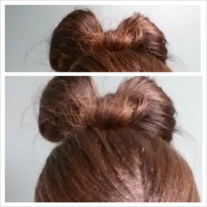 pull hair using your brush into a ponytail. before u pull the last set of hair through the elastic, stop half way. pull the extra piece of hair in between the hair that's through thw elastic. take the hair pins  and apply to thw backside of the bow to stretch out the bow