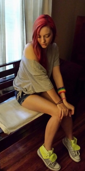 neon chucks, grey cut off shirt and a colorful bracelet (3... I love brite colors.